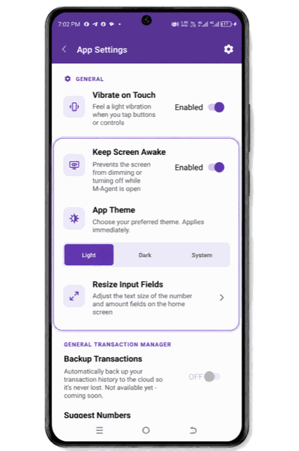 App Settings General section on M-Agent, showing Keep Screen Awake enabled, the App Theme choice of Light, Dark or System, and Resize Input Fields.