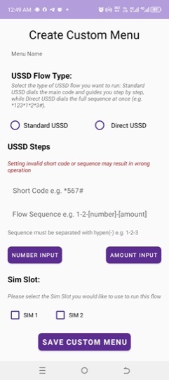 The Create Custom Menu screen in M-Agent, with USSD Flow Type, USSD Steps, and SIM Slot fields.
