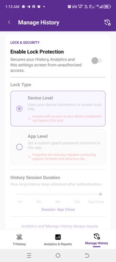 Manage History screen on M-Agent, showing Lock and Security with Device Level and App Level lock type options.
