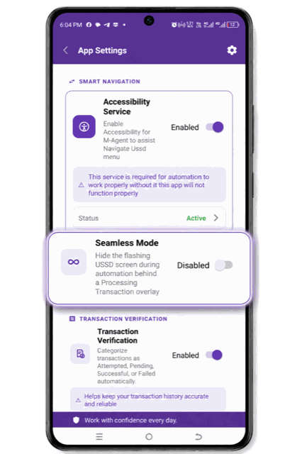App Settings on M-Agent, showing the Seamless Mode card that hides the flashing menu screens behind a Processing Transaction overlay.
